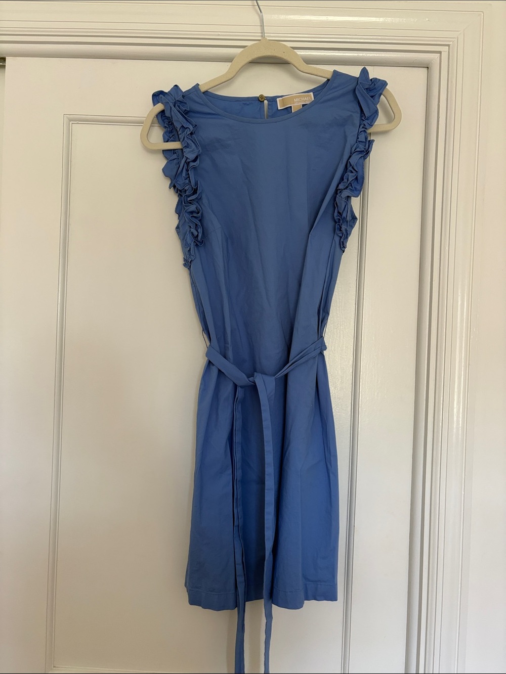 Michael Kors Periwinkle Ruffle-Sleeve Tie-Waist Mini Dress